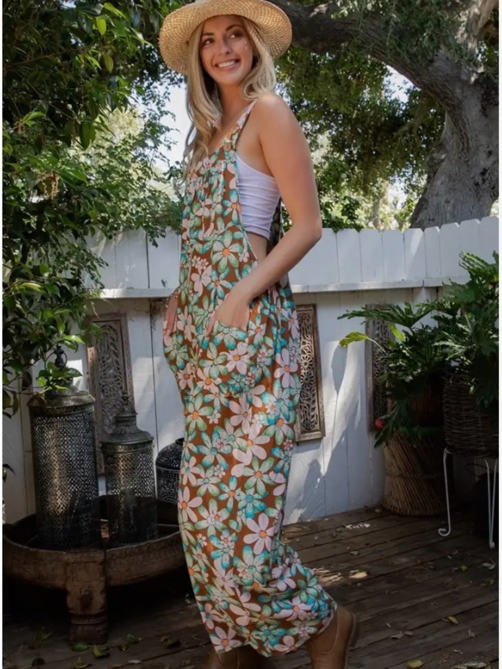 Sage + Fig Retro 70s Floral Wide Leg Overalls Jumpsuit Boho - Picture 2 of 9